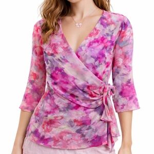Johnny Heaven Pink & Purple Floral Mesh Wrap Shirt Whimsical Fairycore Top Sz XL